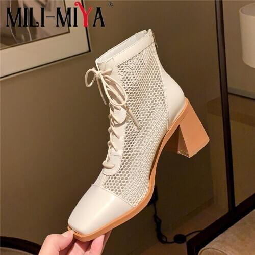 MILI-MIYA New Arrival Plus Size 34-43 Women Cow Leather Cool Ankle Boots Breathable Mesh Thick Heels Square Toe Zipper For Lady