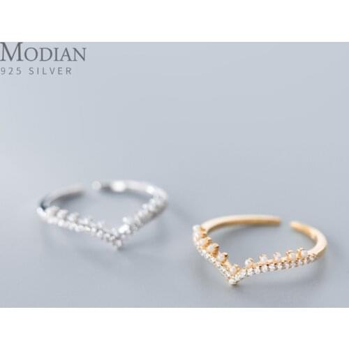 Modian Radiant Zircon V Shape Elegant Pearl Sterling Silver 925 Ring for Women Free Size Ring Luxury Wedding Gift Fine Jewelry
