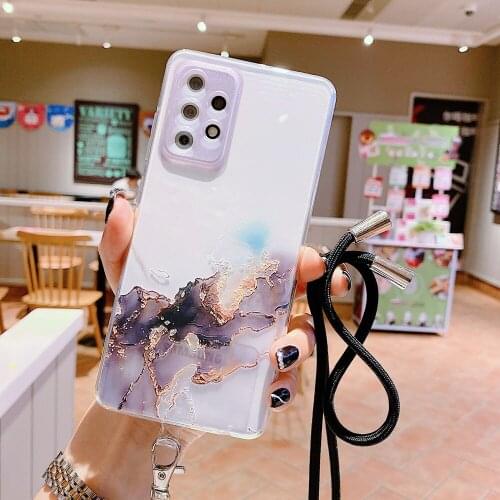 Marble Watercolor Crossbody Strap Lanyard Rope Case For Samsung Galaxy A72 A52 A82 A22 A32 A12 5G S21 Plus Clear Soft Case Cover
