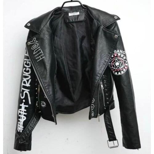 2021 New Women Autumn Winter Faux Soft Leather Jackets Coats Lady Black PU Rivet Zipper Epaulet 3D print Motorcycle Streetwear