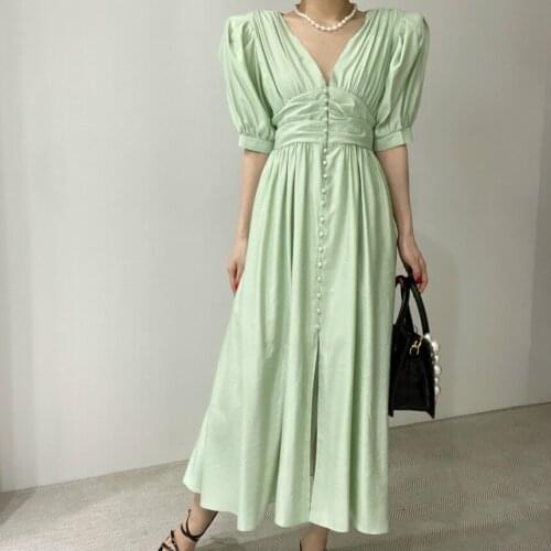 Sannian Women Dress New Summer Skinny Deep V-neck Pleated Sense Of Small Buckle Slim Waist Bubble Sleeve Dresses Ladies Clothes