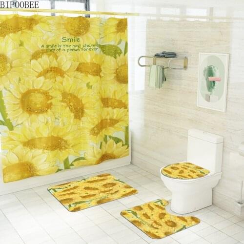Sunflower Pattern Shower Curtain Set Toilet Cover Rug Carpets Non-slip Washroom Bath Mat Home Decor Bathroom Curtains with Hooks