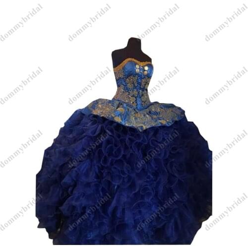 Amazing Dark Blue Organza Ball Gown Quincaenera Dresses Sweet 15 16 XV Anos Prom Dress Gold Embroidery Rhinestones Crystal Cheap