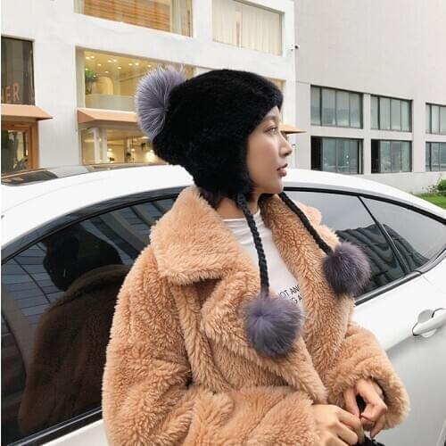 Free Shipping New Genuine Knitted Mink Fur hat Real fur cap with Fox Fur Ball Winter with Elasticity Wholesale Retail OEM