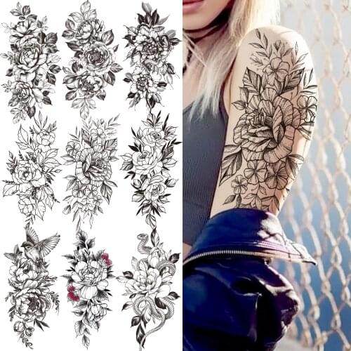 Beauty Rose Temporary Tattoos For Women Girls Adult Orchid Peony Flower Tattoo Sticker Fake Mask Bird Disposable Tatoos Supplies