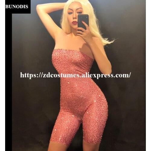 ZD32002 Hot Sell Net Yarn Series Women Sexy Bling Shorts Bodysuit Sleeveless Pink Sprakling Crystals Nightclub Party Costumes