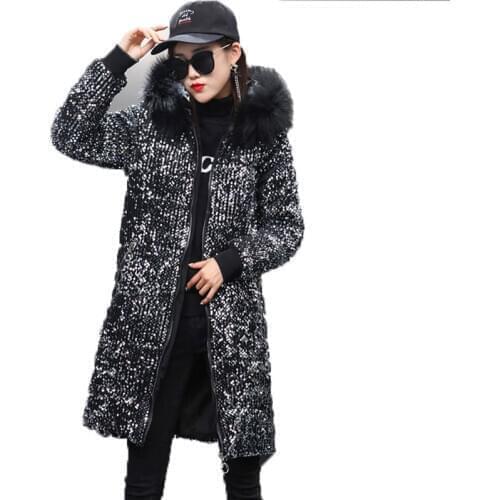 2021 Winter Coat Women Cotton Jacket Fashion Pink Sequins Hooded Parka Womens Warm Jackets Europe Streetwear Students Outwear 55