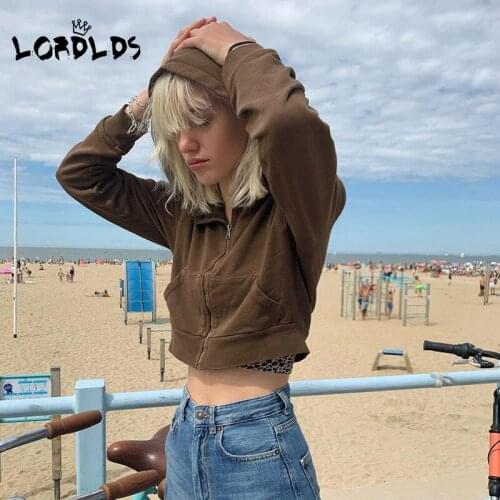 LORDLDS Brown Zip Up Hoodie Women Cropped Short Vintage 90s Outwear Patchwork Pockets Pink Pullover Tops