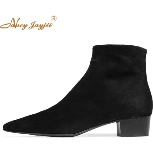 Ambra Suede Ankle Boots Large 46 Size Zipper Side Women Shoe Pointed Toe Square Heel 2 Inches Dress Autumn 2021 Female