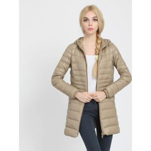 AECU Women Long Down Coats Winter Ultralight Thin Down Jacket White Duck Down Hooded Warm Coat Parka Female Portable Outwear