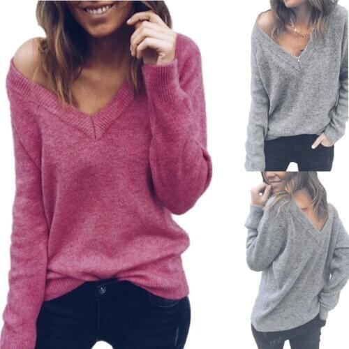 Fashion Sexy V Neck Solid Color Oversize Women Sweater Super Soft Pullover Shirt Autumn Winter All Match Ladies Fashion Sweater