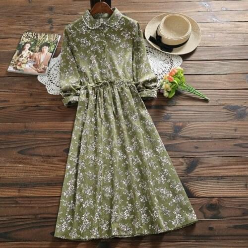 Mori Girl Prairie Vintage Women Dress Khaki Navy Blue Green Floral Cute Sweet Midi Dress Elegant Cotton Corduroy Dress RV192