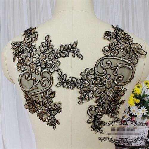 2pcs 28.5X19cm Black edge Net Free Shipping Gold Floral Motif Venise Venice Guipure Lace Trim Applique BD0332