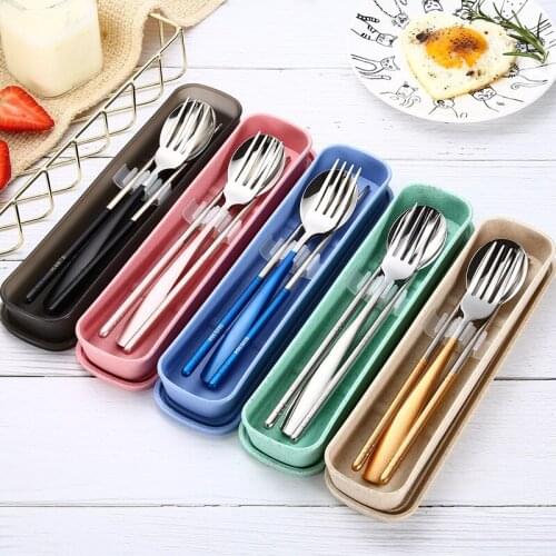 3pcs/set Stainless Steel Chopsticks Spoon Fork Set Long Handle Flat Non-Slip Chopsticks Dessert Spoon Dinnerware Set With Box