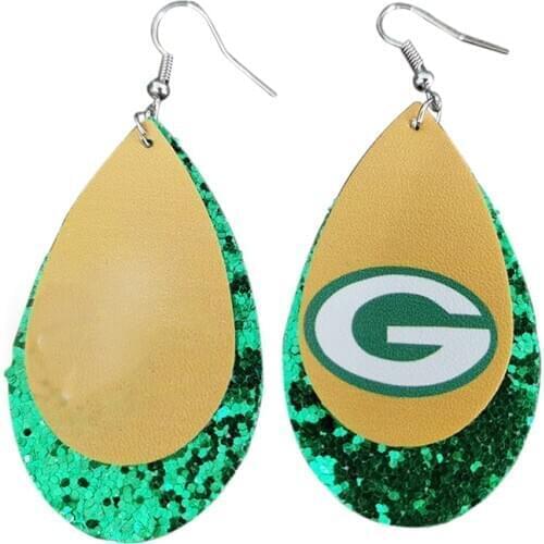 Glitter Stock Packers Football Fans Faux Leather Earrings Double Layer Lightweight Teardrop Earrings Cерьги Accept Making Order