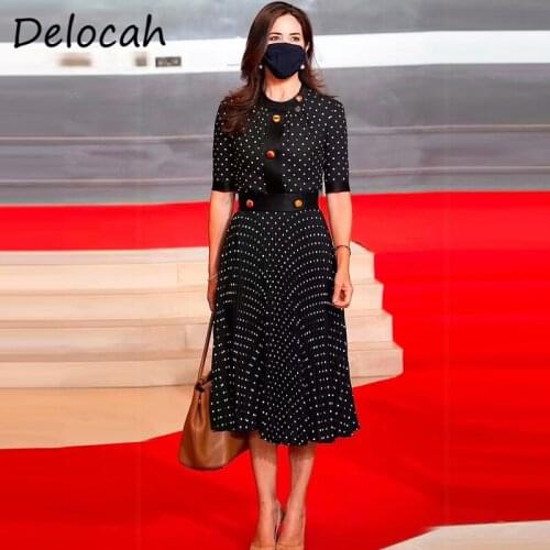Delocah New 2021 Summer Women Fashion Runway Party Midi Dress Half Sleeve Single Breasted Dot Printed Elegant Ladies Dresses