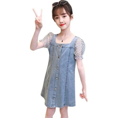 Girls Summer Denim Dress Dot Pattern Girls' Dresses Mesh Kids Dresses Patchwork Clothes Girl 6 8 10 12 14