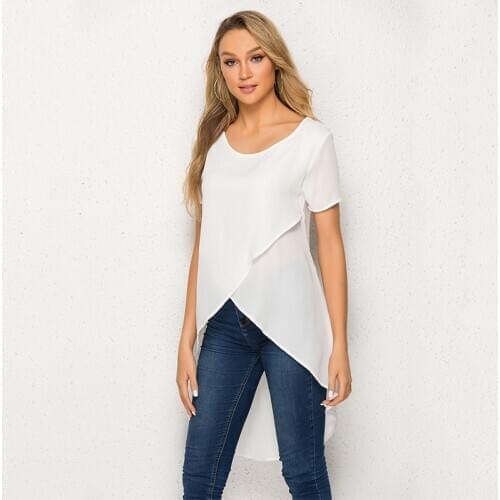 Summer Round Neck Women Tee Shirt Front Short Back Long Short Sleeve Chiffon Shirt Casual Fashion Loose Tops T-Shirt For Women