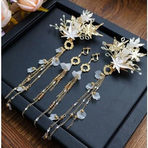 Metal leaf hair grips long tassel earrings flower side headgear set wedding hair accessories