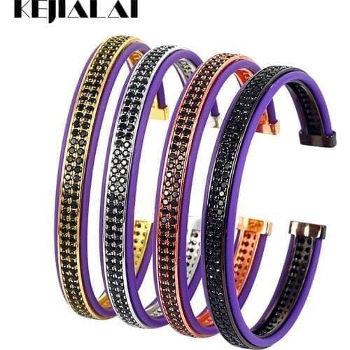 Fashion Brand Men Bangles for Women Purple Genuine Leather Bangle with Double Lines Black Zircon Shining Jewelry 2017 Best Gift