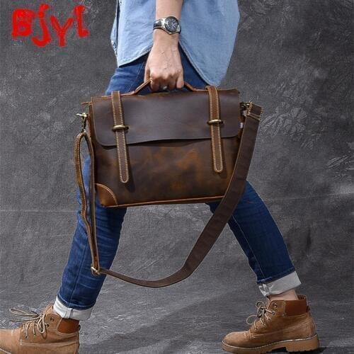Men Handbags Male Shoudler Messenger Bag School Bag Retro Mens Bags Crazy Horse Leather Distressed Genuine Leather Vintage Soft