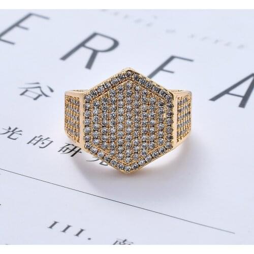 Explosions hip hop mens hexagonal ring hip hop micro inlaid zircon gold ring