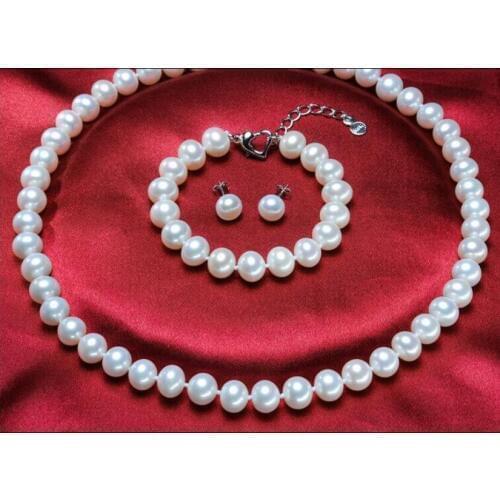 Charming 10-11mm round white pearl necklace &earring bracelet sets