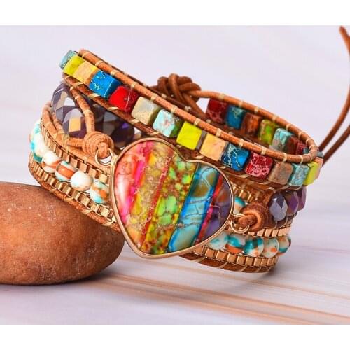 Romantic Spiritual Chakra Leather Wrap Bracelets W/ Mix Stone Heart Shape 3 Strands Bracelet Classic Jewelry Bijoux Dropshipping