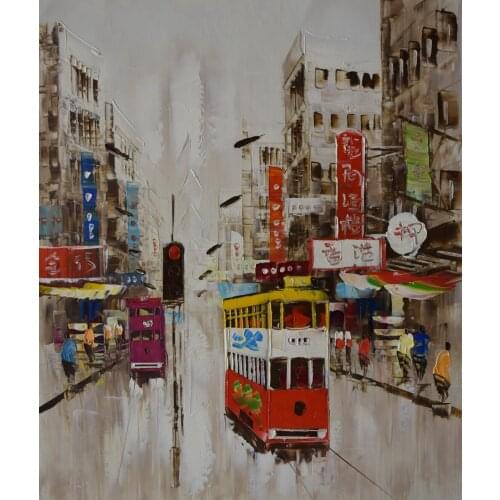 Hand Painted Canvas Knife Oil Painting Abstract Hong Kong Trams Street Canvas Painting Wall Art Picture Painting for Home Decor