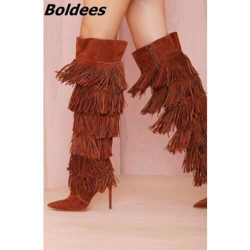 Chic Women Solid Brown Suede Flowing Fringe Stiletto Heels Knee High Boots Sexy Pointed Toe Side Zipper Tassel Long Boots