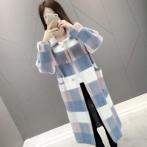 Women winter Warm Long Plaid Knitted Faux Mink Fur Knit Coat Cardigan Jacket Outwear