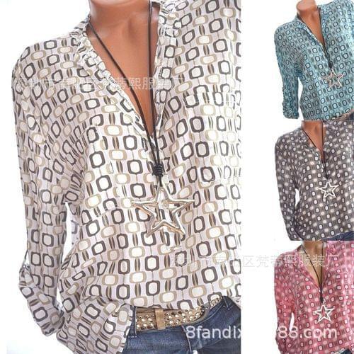 Lollas Wish Womens Top Fashion V-neck Long Sleeve Square Print Shirt