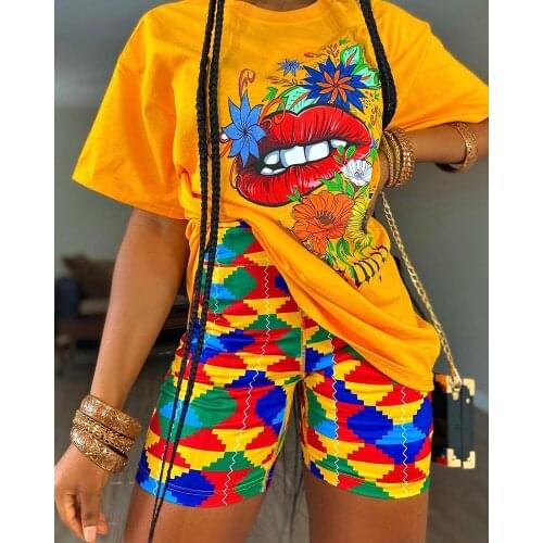 Women Two Piece Set Print T Shirts And Shorts Set Summer Short Sleeve O-neck Casual Joggers Biker Shorts Sexy Outfit For Woman