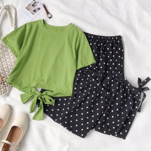 2021 New Women Summer Korean Fashion Suit Short Sleeve T-Shirts + Polka Dot Lantern Pants Female Casual Loose Two Piece Sets W86