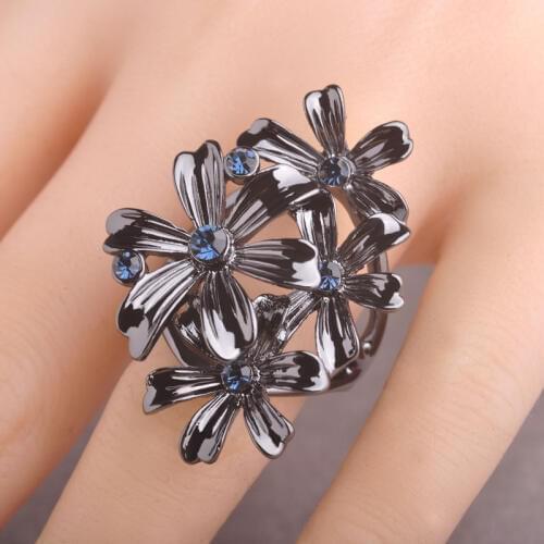 Gothic Super Big Flower Finger Rings For Women Black Cool Anillos Crystals Gunblack Plated Aros Halloween Accessory Party Joyas
