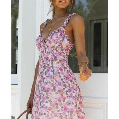 Womens Summer Flounce Suspender Dress Fashion Floral Backless High Waist A-line Split Short Dress