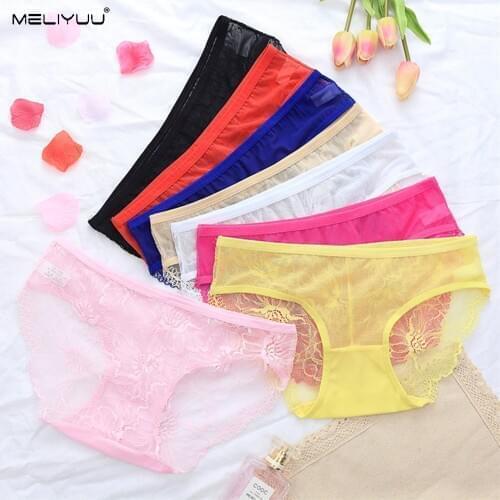 Womens Underwear Sexy Transparent Lace Briefs Plus Size Panties Ultra-Thin Mesh Cotton Panty Lingerie Low-Rise Ladies