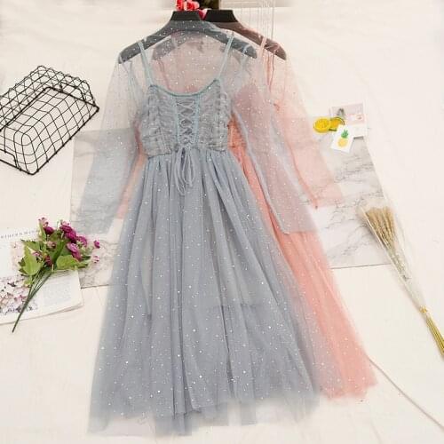Women Long Sleeve Pleated Mesh Gauze Tulle Ruffles Bling Star Sequined Dress Elegant Lady Elastic Slim Bandage Strap Midi Dress