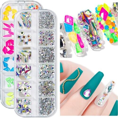 Mix Sizes 1Case 12 Grid Mix Shape Crystal Non Hotfix Flatback Nails Rhinestones For Nails 3D Nail Art Decoration Gemstone Decor