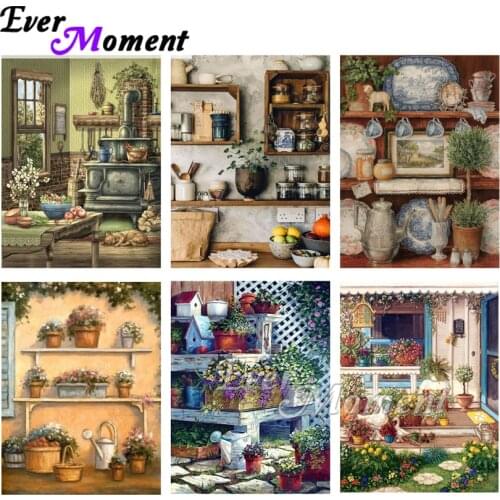 Ever Moment 5D DIY Cross Stitch Home Painting Kitchen Garden Floral Cupboard Rabbit Diamond Painting Canvas Wall Décor ASF2291