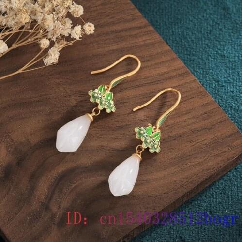 White Jade Flower Earrings Charm Natural Fashion Women Crystal Jewelry Zircon Gifts Amulet 925 Silver Chalcedony Gemstone