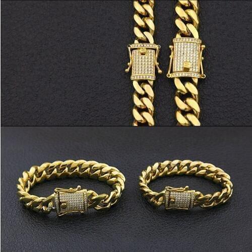 10mm Men Miami Cuban Chain Necklace Bracelets Stainless steel Dargon Full CZ Clasp Gold Tone Hip hop Bling Chain Jewelry Set