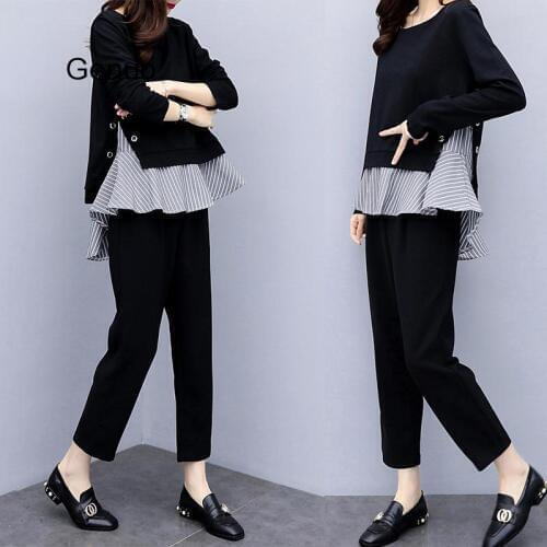 Black Two Piece Set Women Striped Splicing Long Sleeve Tops And Harem Pants Sets Casual Office Korean Ladies Suits 2020 New Hot