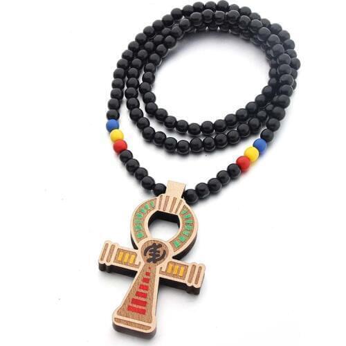 Wood Round Beads Handmade Elastic Africa Egyptian Ankh Engraved DIY Necklaces Vintage African Women Party Hiphop Rock Jewelry