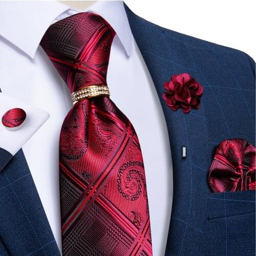 New Fashion 8cm Red Mens Ties Brooch Set Handkerchief Neck Tie Ring Wedding Party Accessories Corbatas Mens Gift DiBanGu