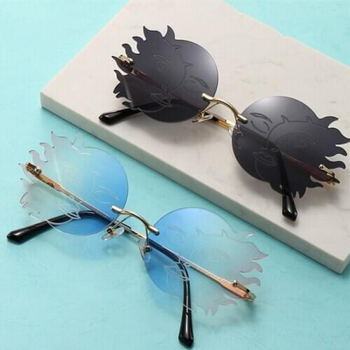 Rimless Round Sunglasses Women Personality Frameless Sunglasses Funny Polygonal Moon Smiley Ladies Eyeglasses Driver Goggles