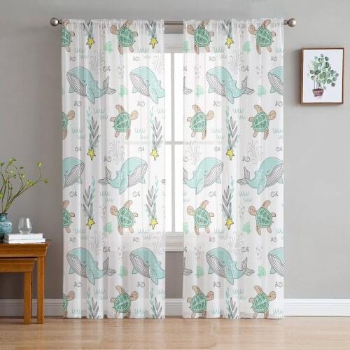 Marine Life Sea Turtle Dolphin Cartoon Voile Tulle Sheer Curtains for Bedroom Living Room Kitchen Decor Chiffon Windows Curtain