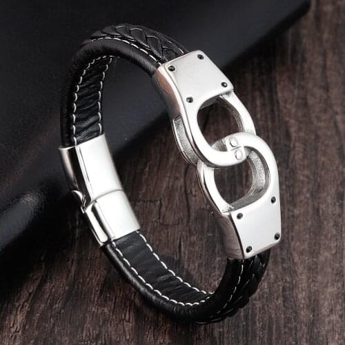 Men Leather Bracelet Stainless Steel Cool Handcuffs Shape Bangles Magnetic-clasp Cowhide Braided Armband Pulsera Hombre