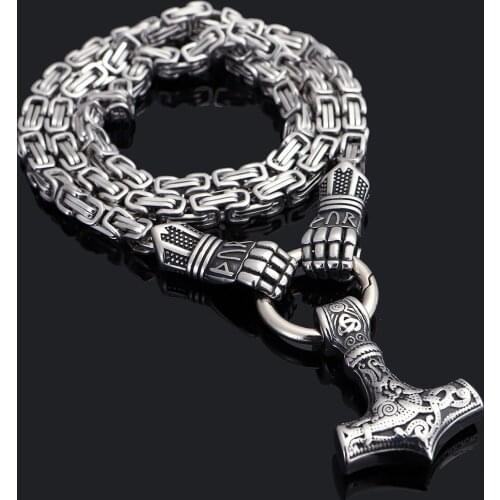 Stainless Steel Norse Viking Rune Palm&Thor Hammer Mjolnir Pendant Byzantine Emperor Chain Necklace Mens Amulet Punk Jewelry
