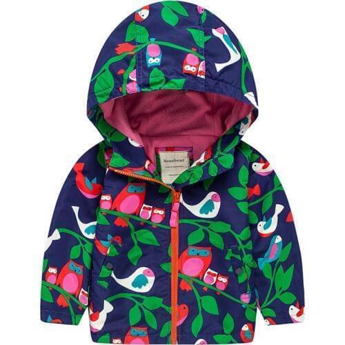 Girls Autumn Jacket Coat Bird Printed for Child Windbreaker Jacket Cotton Micro fleece Warm Jackets Kids Casual Hooded Coat